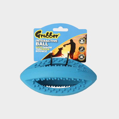 Happy Pet Grubber interaktiver Rugby-Ball für Hunde, 19 cm, türkis, Vorderansicht