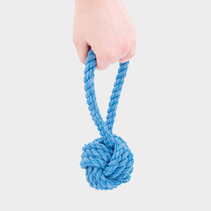 In der Hand gehaltener, blauer Ball mit Schlaufe Nuts for Knots von Happy Pet