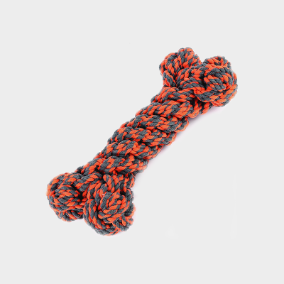 Hundespielzeug in Form eines Knochens, aus verknoteten, verdrehten Seilen in orange und grau