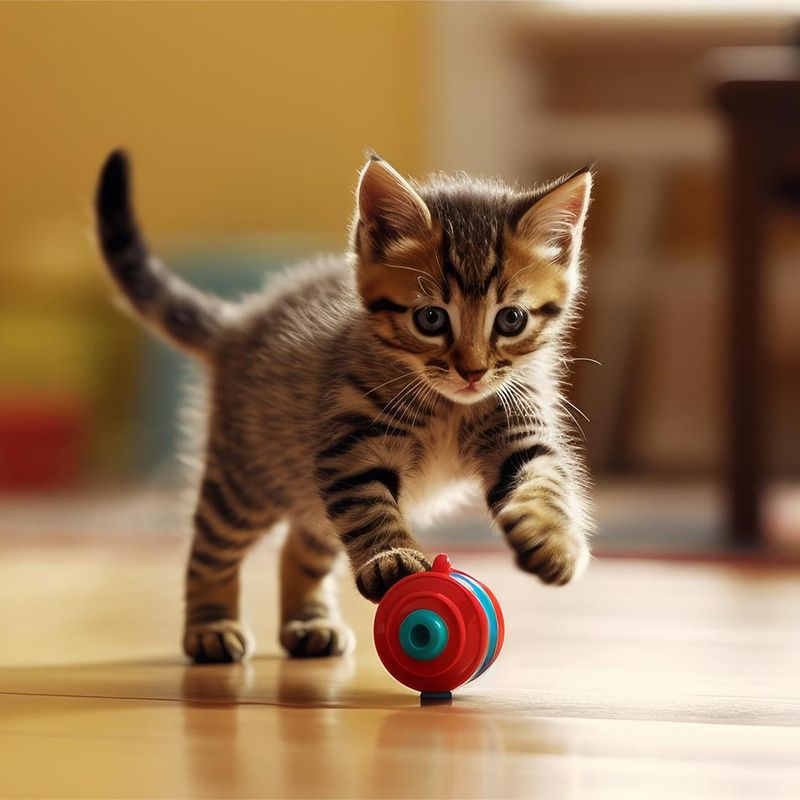 Kleines getigertes Kätzchen spielt mit Ball