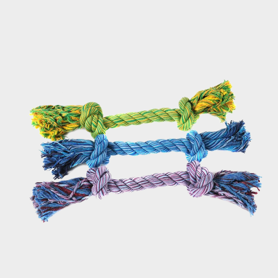 Drei Spieltaue für Hunde, grün, blau und lila, mit je einem Knoten an den beiden Enden