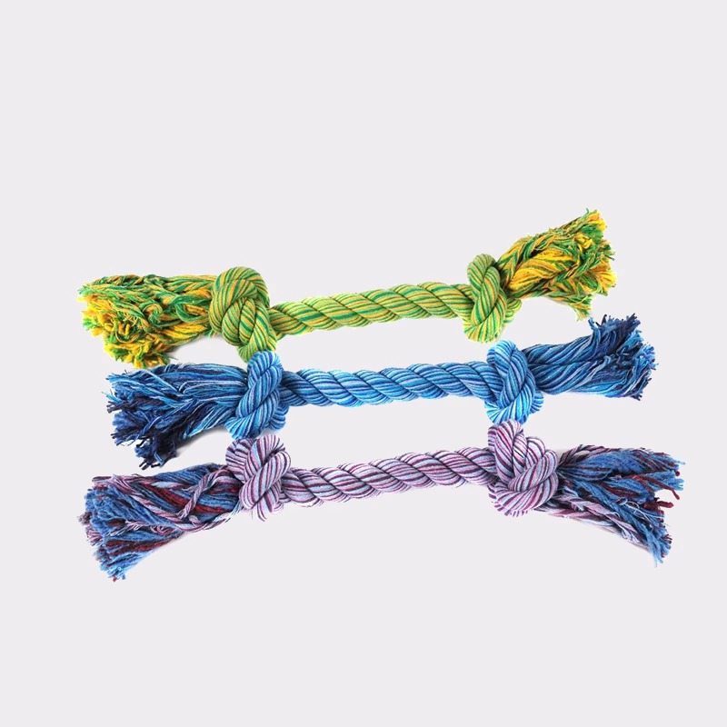 Drei Spieltaue für Hunde, grün, blau und lila, mit je einem Knoten an den beiden Enden
